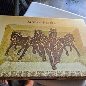 Cracker Barrel Glass Four Running Horses Horse Tray Serving Platter 15" x 9" NEW